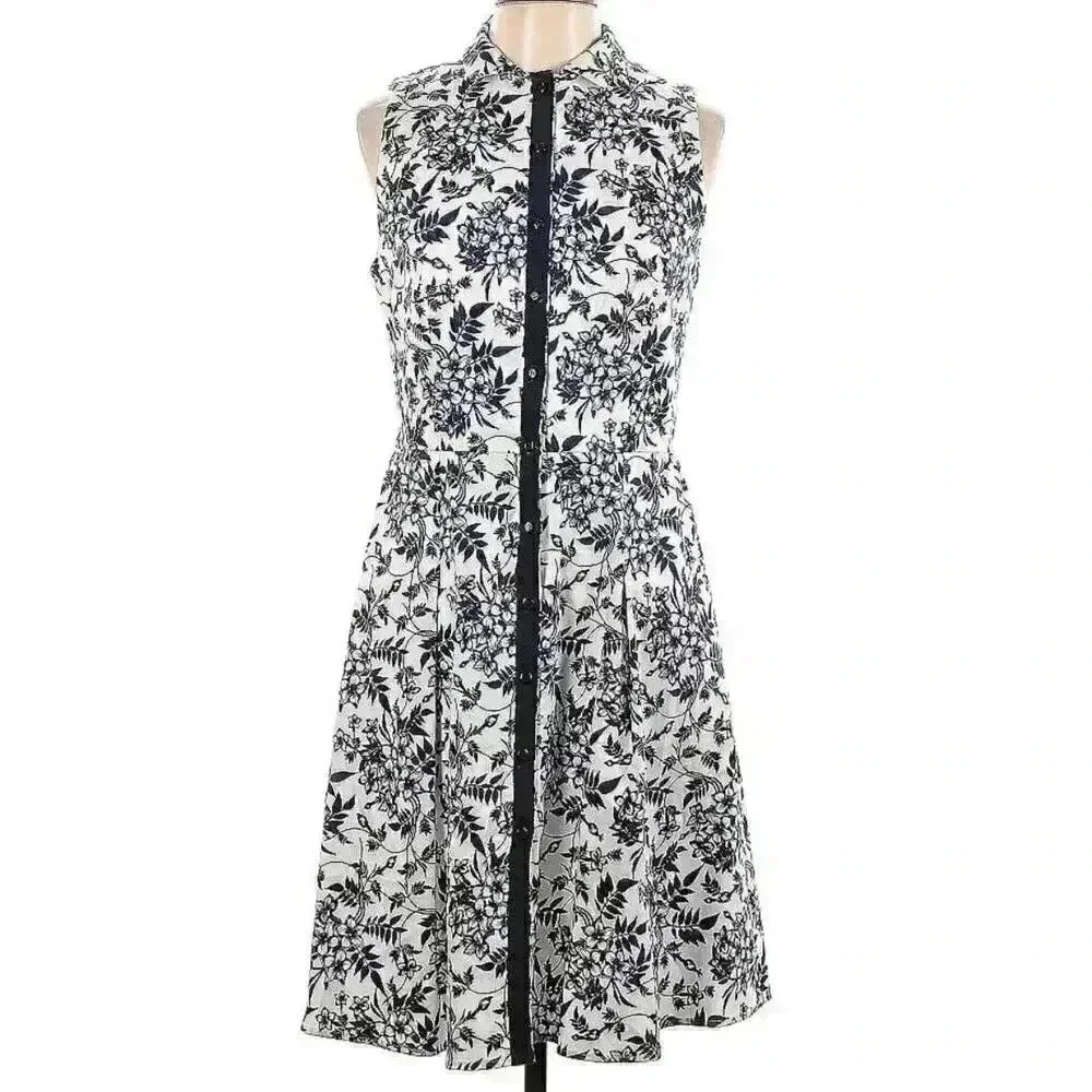 CAROLINA HERRERA Sleeveless Midi Dress 12 L Mock Neck Navy Floral Motif Damask - Picture 2 of 13